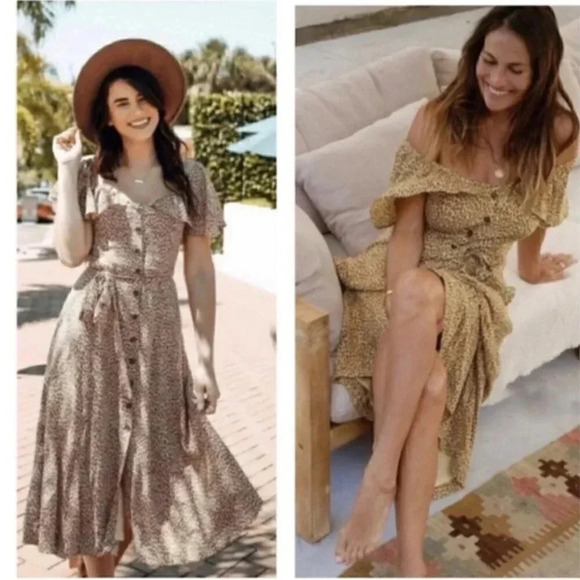 Anthropologie Leopard Print Bolano Ruffle Shoulder Button Midi Dress Size 0 - Picture 1 of 11